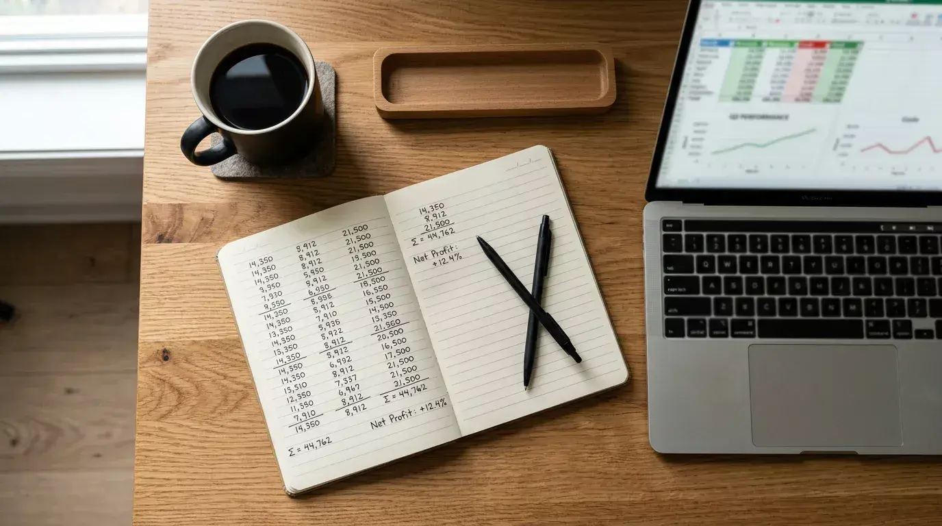 Notebook with staking calculations and a pen on a desk beside a laptop showing fight odds