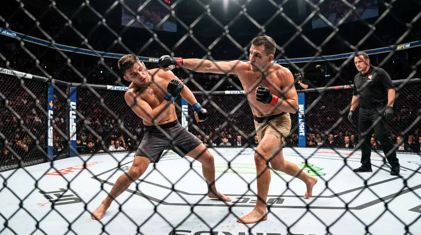 Two MMA fighters facing off inside the octagon with fight statistics overlay
