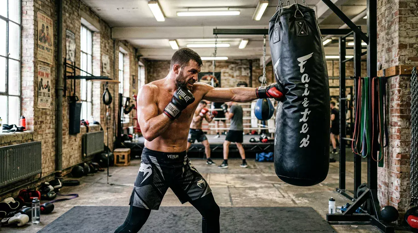MMA fighter in training stance inside a gym with focus pads and heavy bag representing fighter analysis for betting