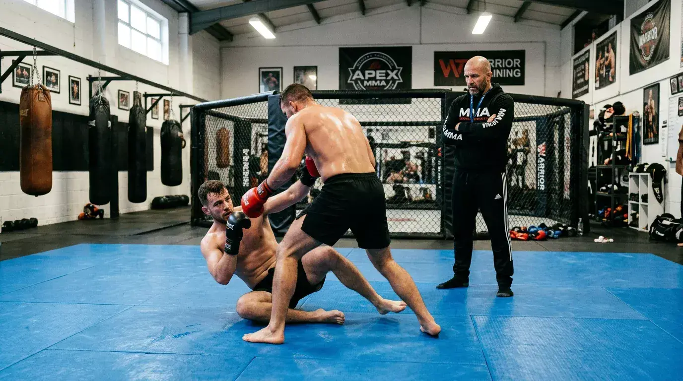 MMA training camp with fighters sparring and coaches observing for betting intelligence