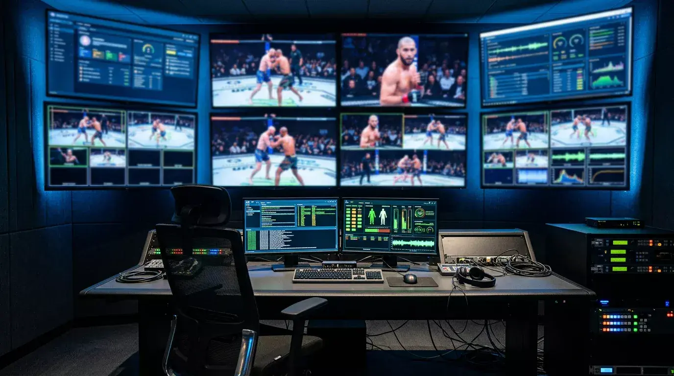 View of a UFC broadcast production room with multiple screens monitoring live fight events