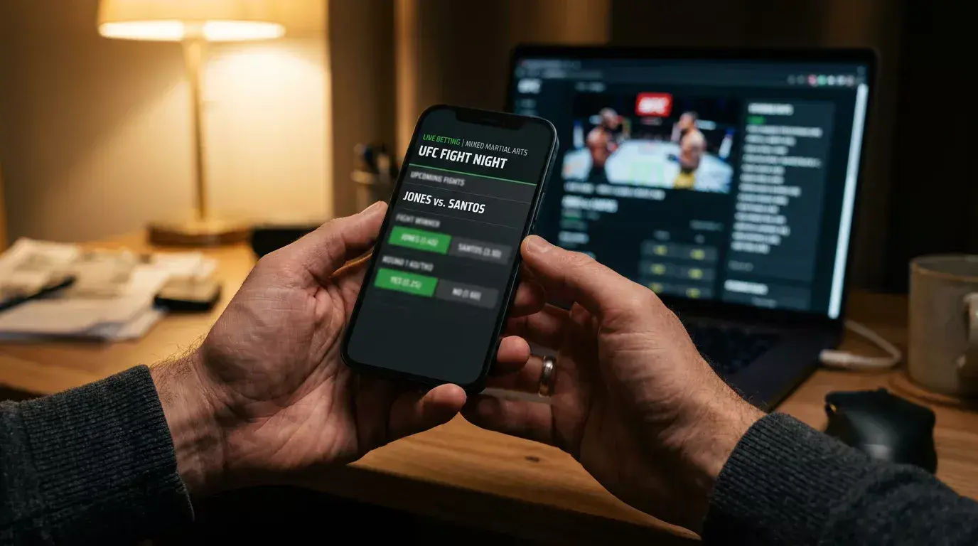 Close-up of a smartphone displaying UFC betting odds and fight card markets