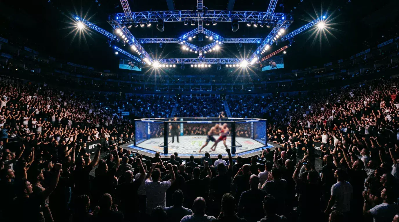 UFC octagon under arena lights during a live fight with the crowd in the background representing in-play betting
