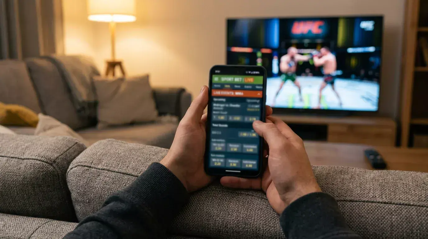 UK mobile MMA betting app interface showing UFC odds and live betting features