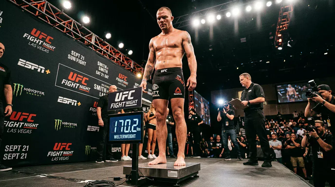 UFC fighter on the scale during weigh-in showing effects of weight cutting on performance
